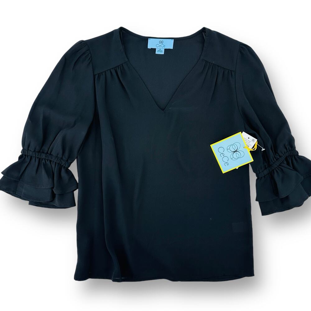 Cece Solid Black V Neck Ruffled Tiered Elbow Sleeve Shirt Womens Sz XS